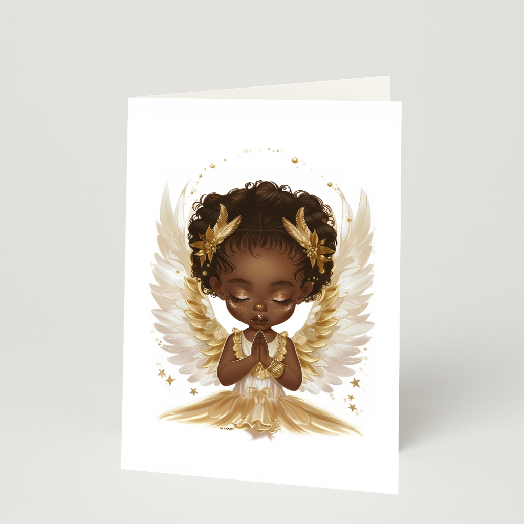 Praying Angel Girl Greeting Card | Black Angel Card | Spiritual, Sympathy, Baptism, First Communion, or Everyday Blessings Note