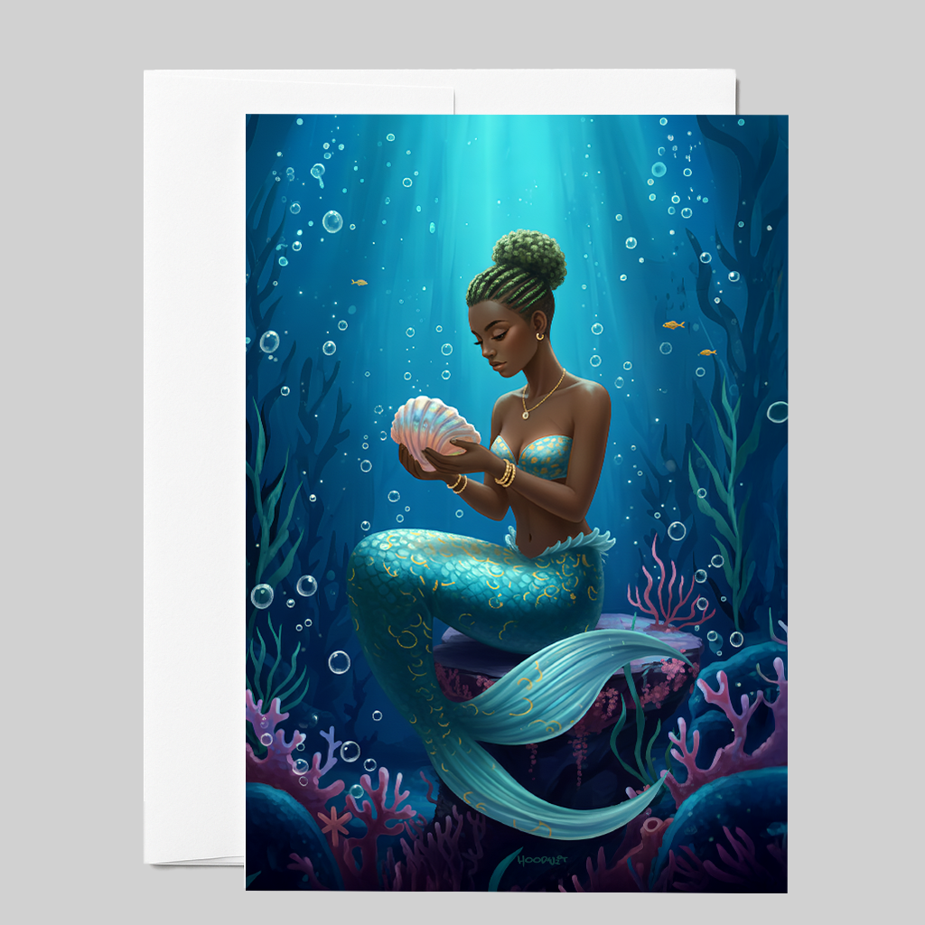 Contemplative Mermaid with Seashell Greeting Card