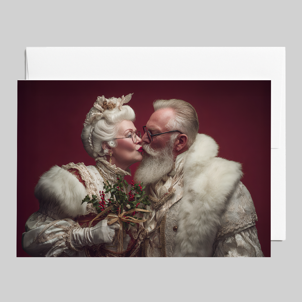 Vintage Santa Couple Holiday Kiss Greeting Card