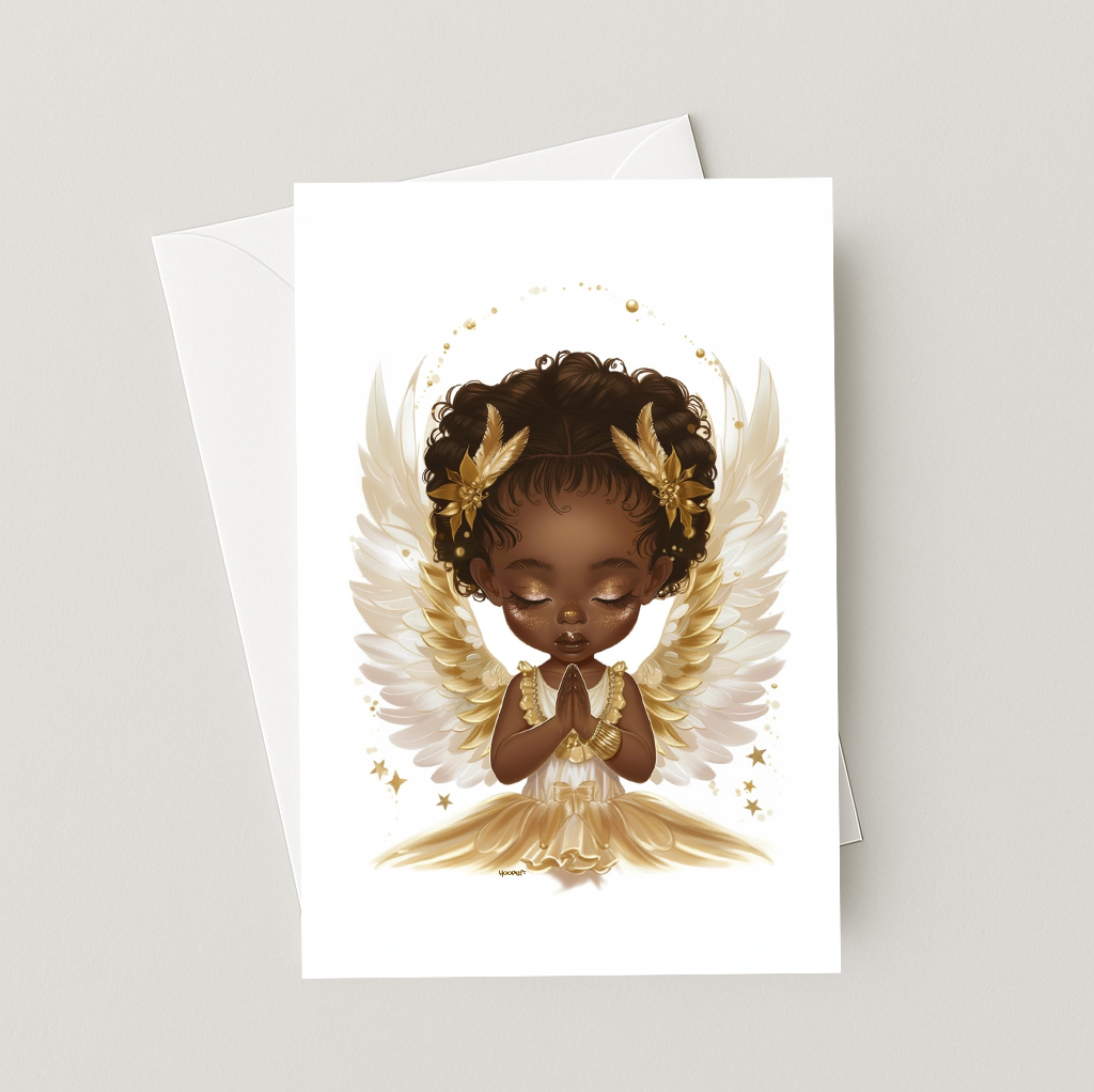 Praying Angel Girl Greeting Card | Black Angel Card | Spiritual, Sympathy, Baptism, First Communion, or Everyday Blessings Note