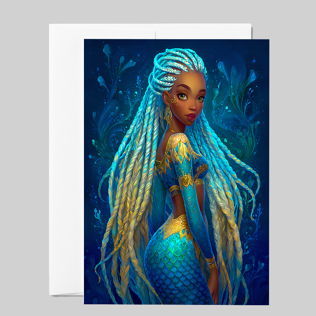 Blue-Braided Mermaid Greeting Card