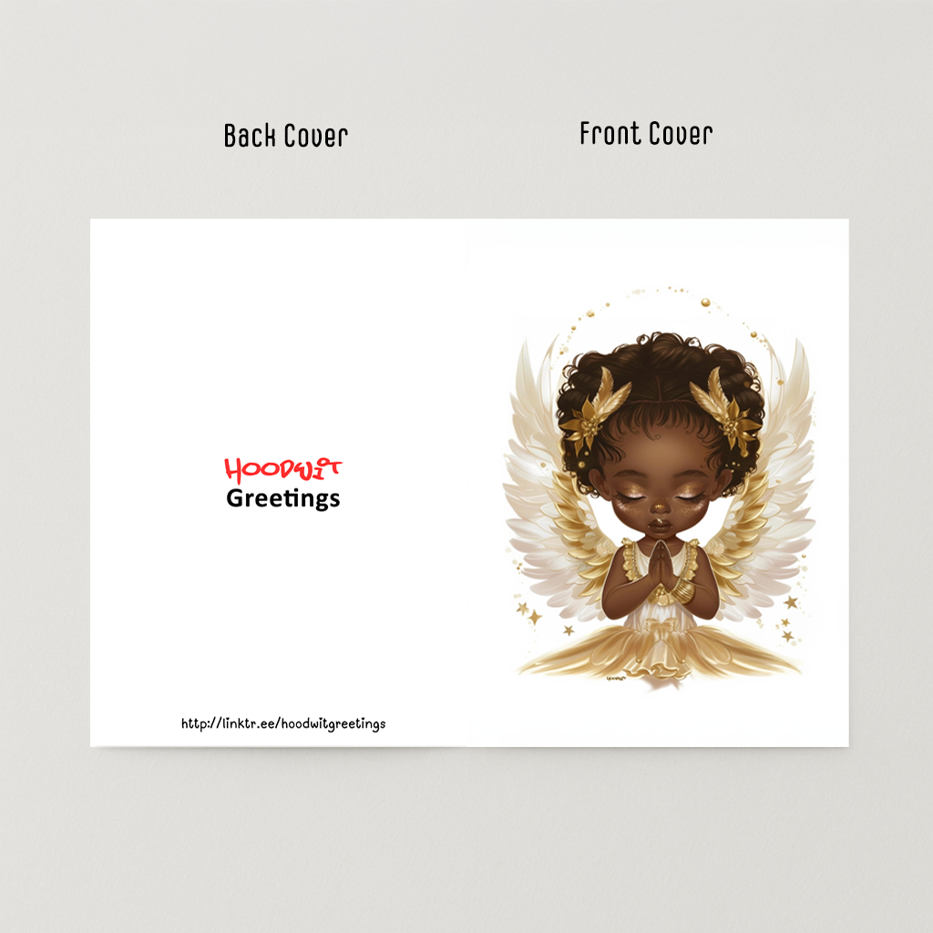 Praying Angel Girl Greeting Card | Black Angel Card | Spiritual, Sympathy, Baptism, First Communion, or Everyday Blessings Note