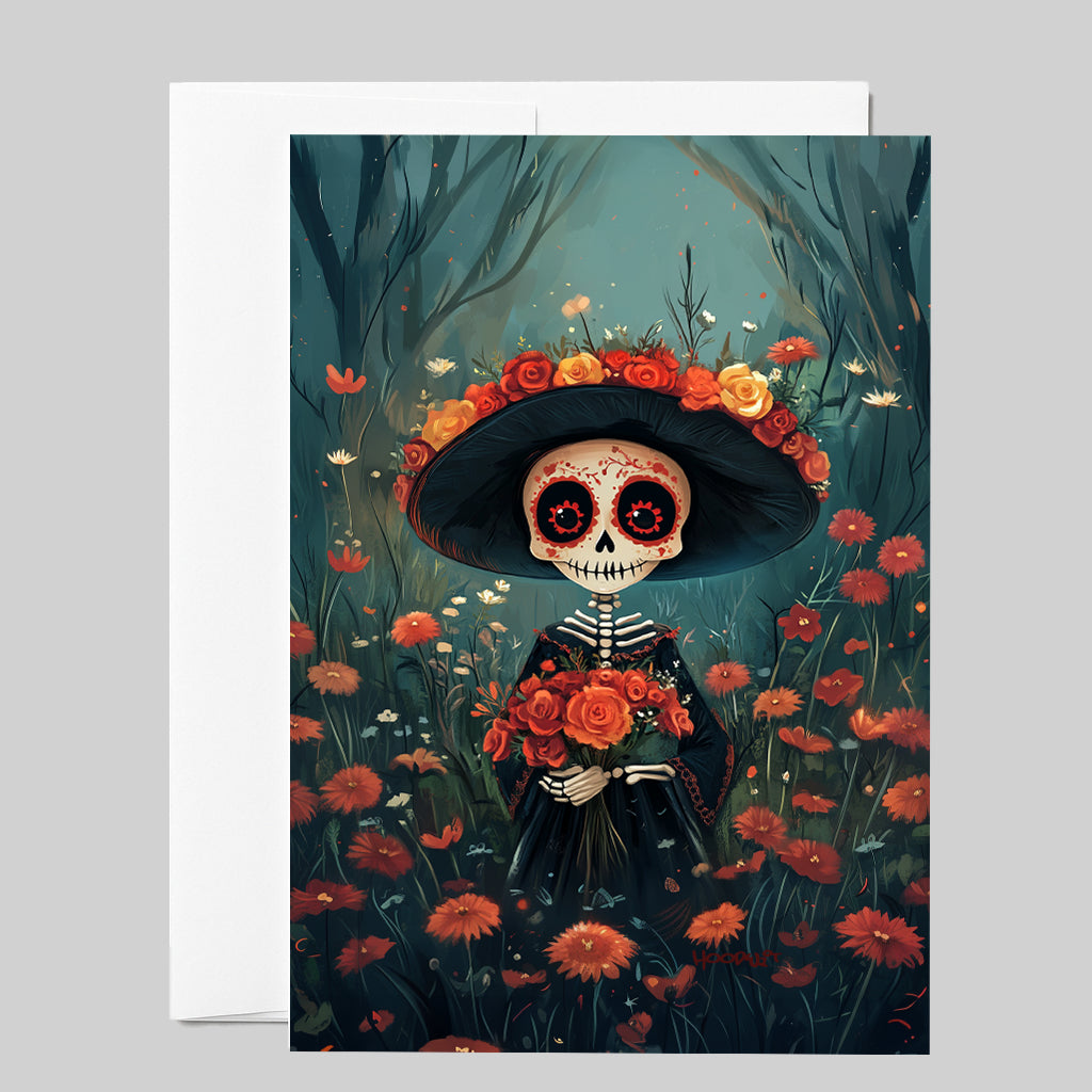 Colorful Skull with Floral Hat in Field Greeting Card