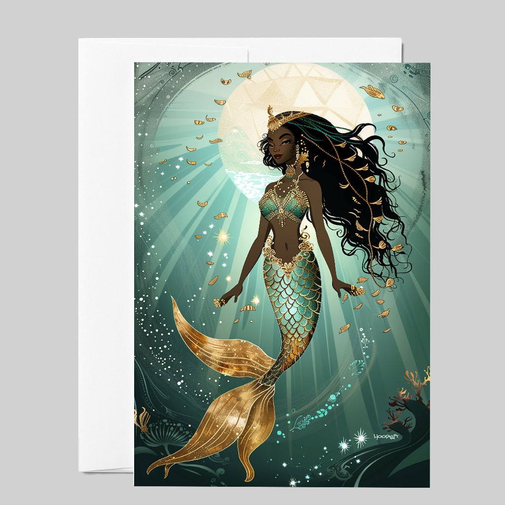 Golden Teal Mermaid Goddess Greeting Card