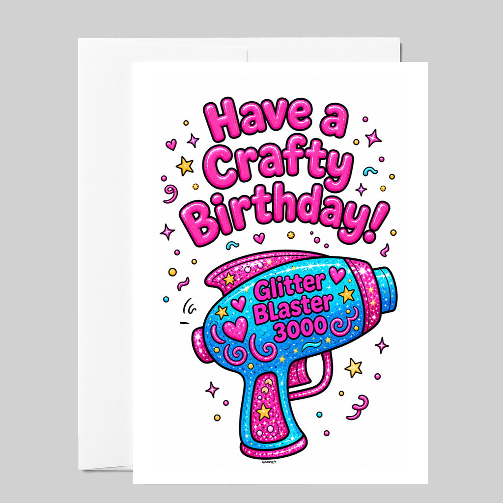 Funny Birthday Card for Crafters – Glitter Gun Design