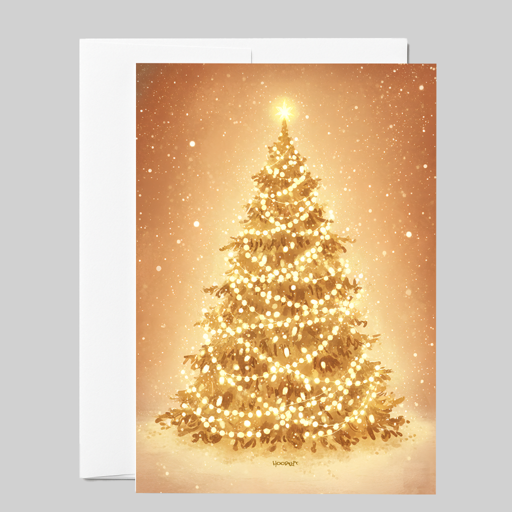 Golden Glowing Christmas Tree Holiday Greeting Card