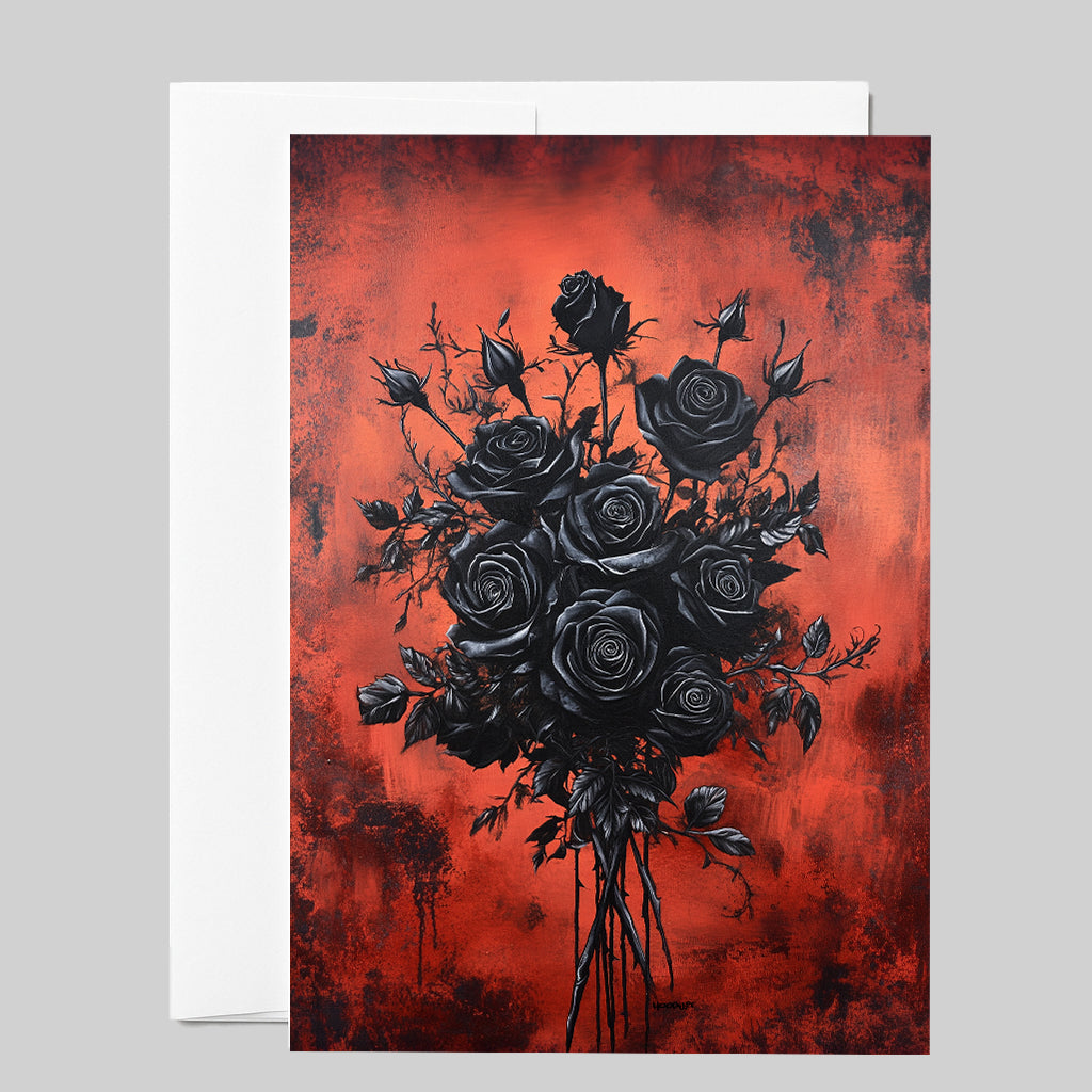 Gothic Black Rose Bouquet on Red Background