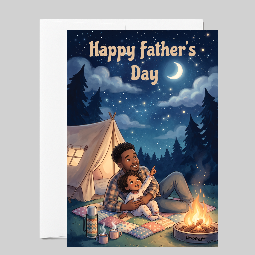 Father's Day Card Camping — Dad & Baby Stargazing Campfire