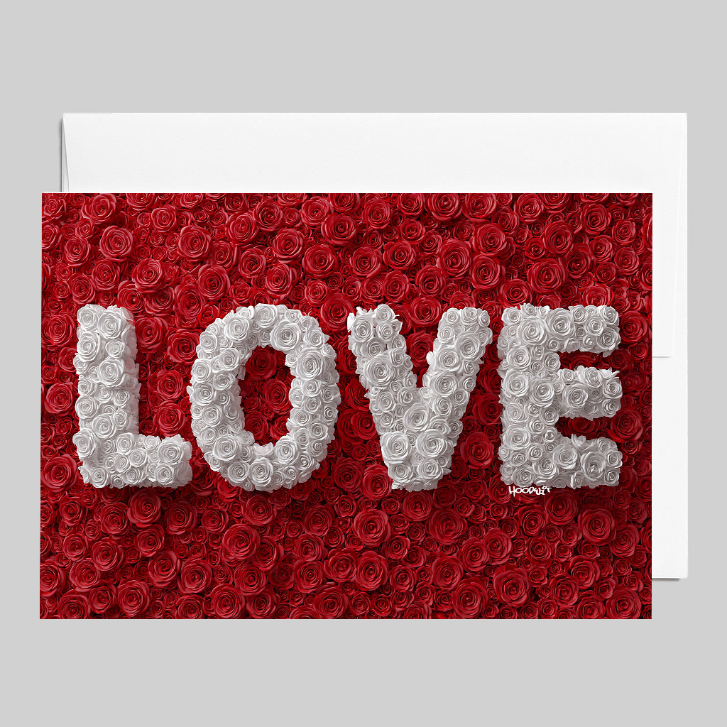 Floral LOVE White on Red Roses Greeting Card