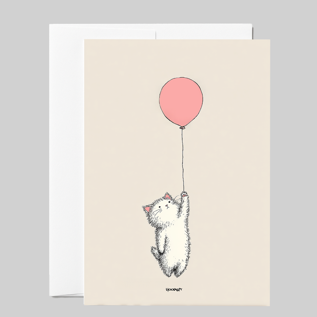 Floating Cat with Pink Balloon  Greeting Card