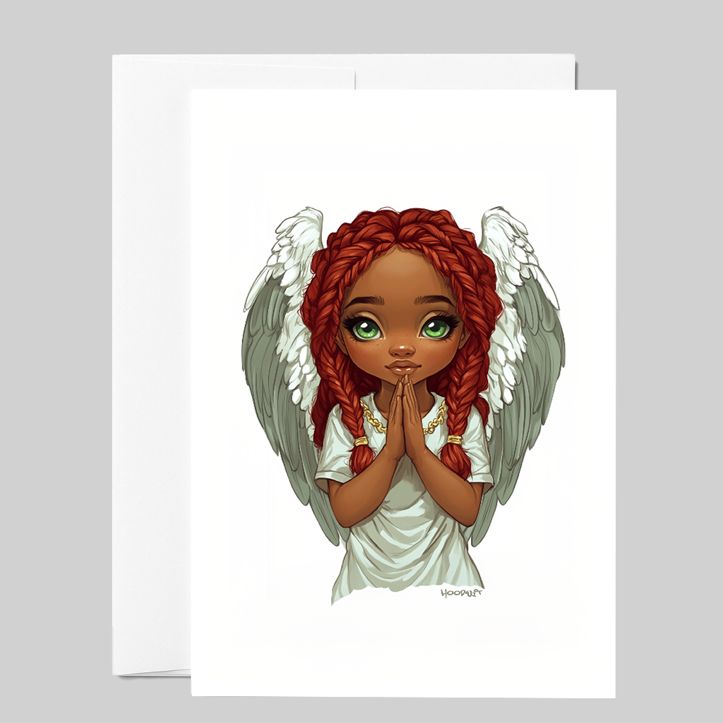 Black Angel Girl Greeting Card (Red Braids, Green Eyes)