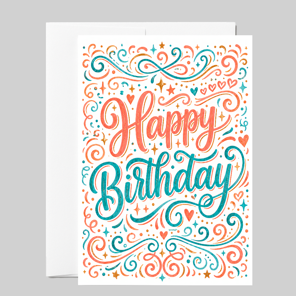 Elegant Hand-Lettered Birthday Card – Teal & Coral Watercolor Swirls
