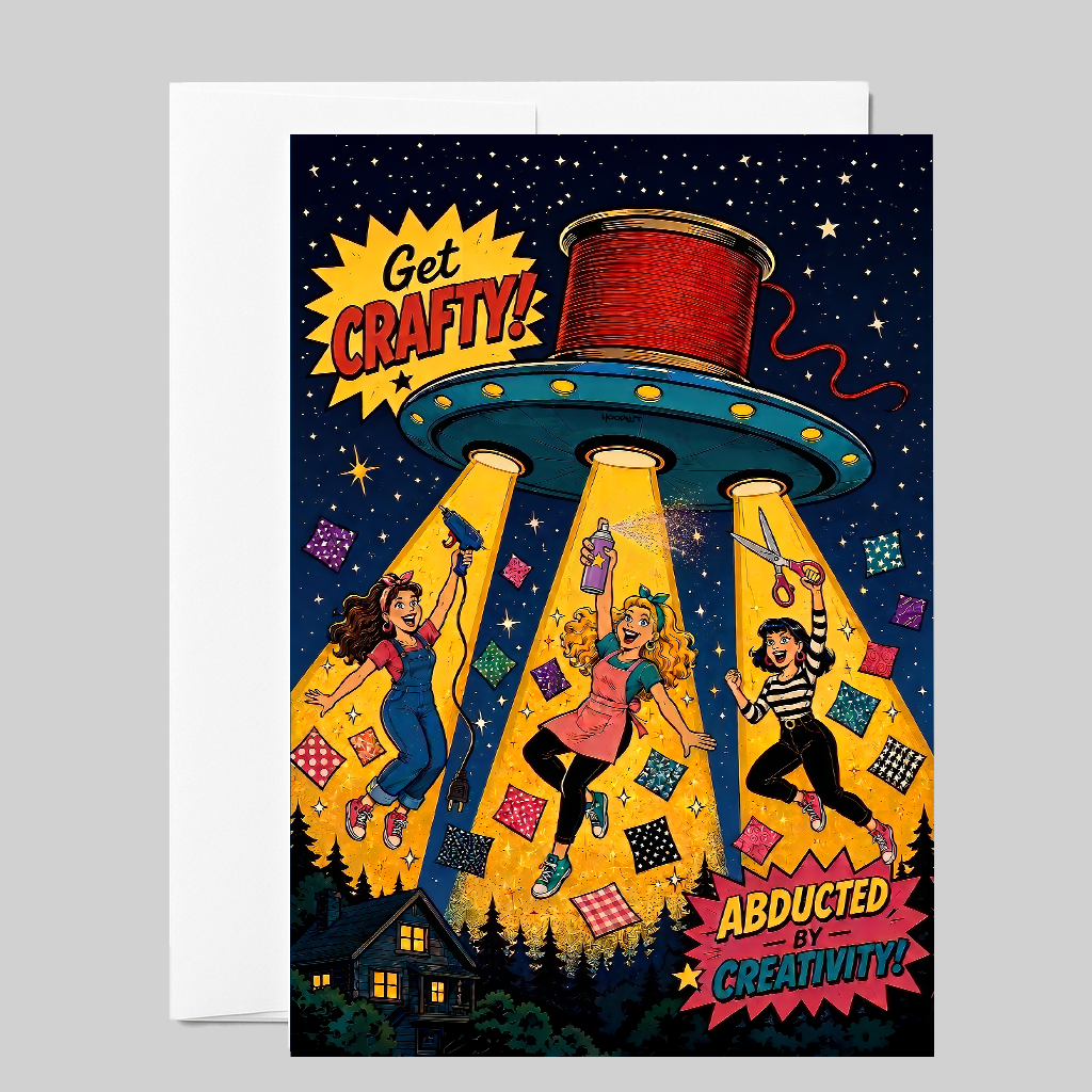 Abducted by Creativity Funny Greeting Card — UFO Craft Lover Birthday Card for Quilters, Sewers & Makers