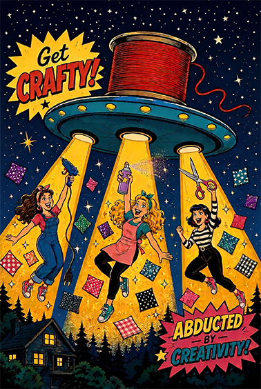 Abducted by Creativity Funny Greeting Card — UFO Craft Lover Birthday Card for Quilters, Sewers & Makers